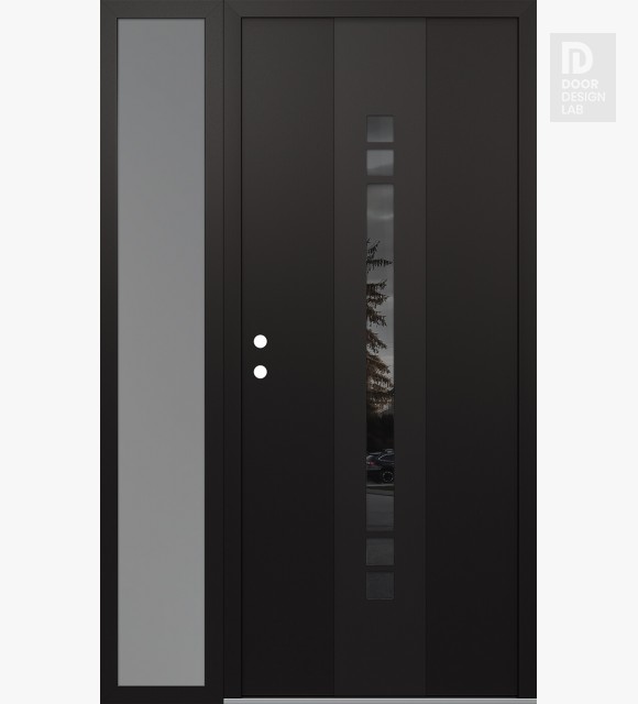 Modern Steel Front Door DIAMOND A4 52" X 80" BLACK/BLACK MIRRORED GLASS PANEL BLACK RHI WITH SIDELITE FROSTED GLASS