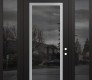Modern Steel Front Door Diamond C1 68" x 96" black/black mirrored Glass Panel stainless steel LHI with 2 Sidelites and Transom mirrored Glass