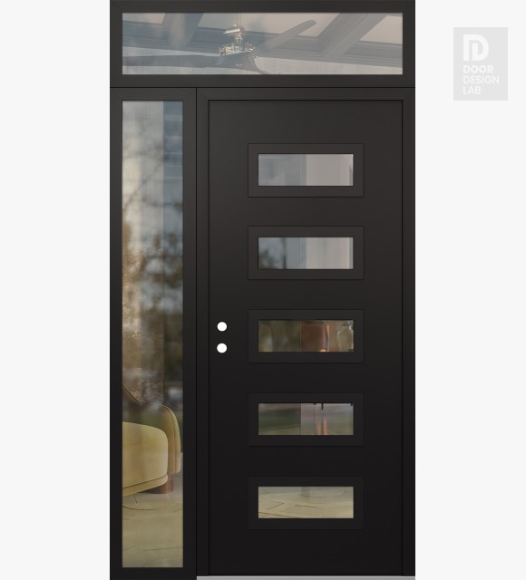 Modern Steel Front Door Diamond D1 50" x 96" black/black clear Glass Panel black RHI with Sidelite and Transom clear Glass