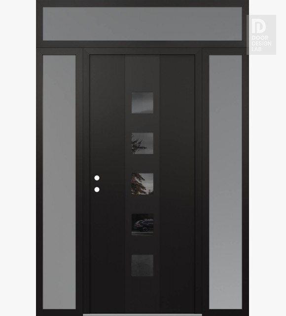 Modern Steel Front Door DIAMOND A13 68" X 96" BLACK/BLACK MIRRORED GLASS PANEL BLACK RHI WITH 2 SIDELITES AND TRANSOM FROSTED GLASS