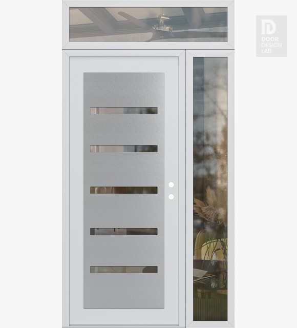 Modern Steel Front Door Diamond C7 50" x 96" white/white clear Glass Panel stainless steel LHI with Sidelite and Transom clear Glass