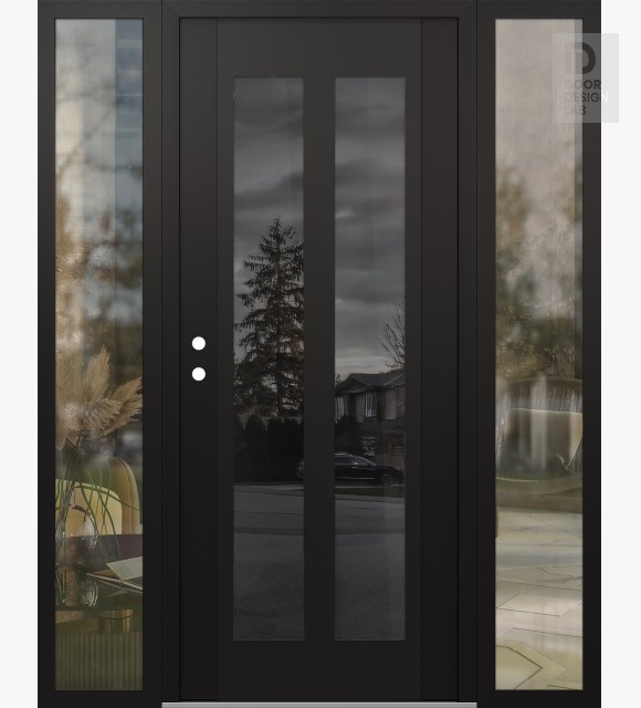 Modern Steel Front Door Diamond C14 60" x 80" black/black mirrored Glass Panel black RHI with 2 Sidelites clear Glass