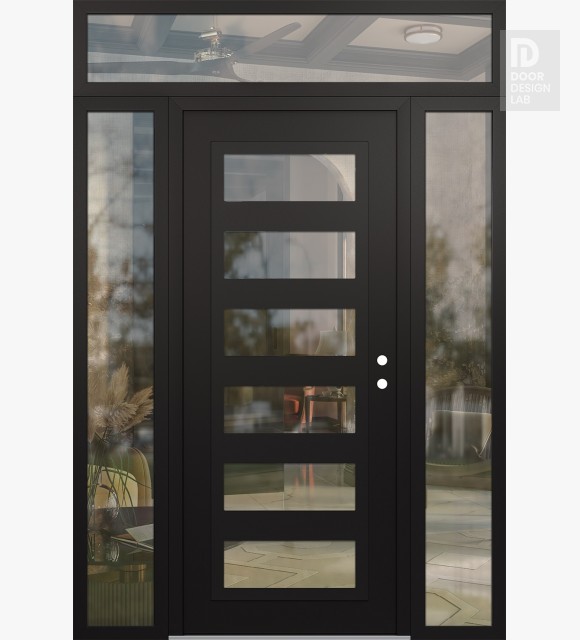 Modern Steel Front Door Diamond C9 64" x 96" black/black clear Glass Panel black LHI with 2 Sidelites and Transom clear Glass