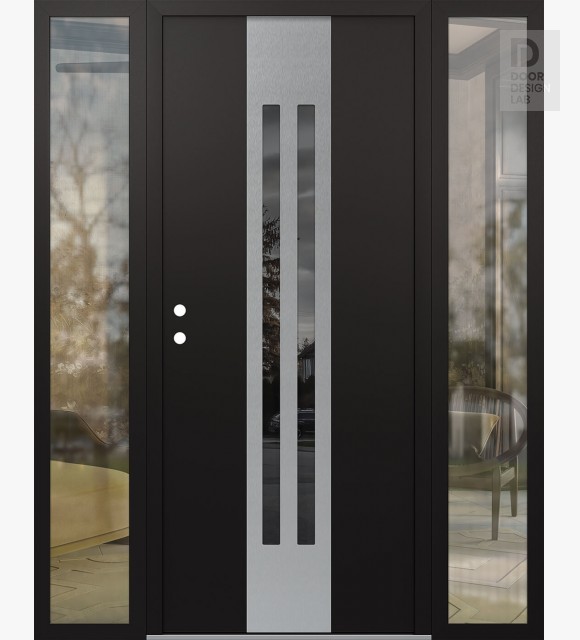 Modern Steel Front Door DIAMOND A8 68" X 80" BLACK/BLACK MIRRORED GLASS PANEL STAINLESS STEEL RHI WITH 2 SIDELITES CLEAR GLASS