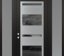 Modern Steel Front Door Diamond C10 68" x 96" black/black mirrored Glass Panel stainless steel RHI with 2 Sidelites and Transom frosted Glass