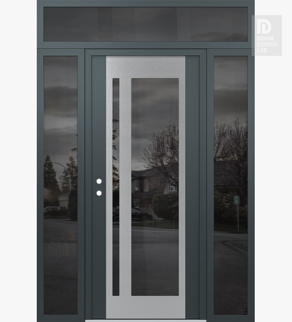 Modern Steel Front Door Diamond C15 64" x 96" anthracite/anthracite mirrored Glass Panel stainless steel RHI with 2 Sidelites and Transom mirrored Glass