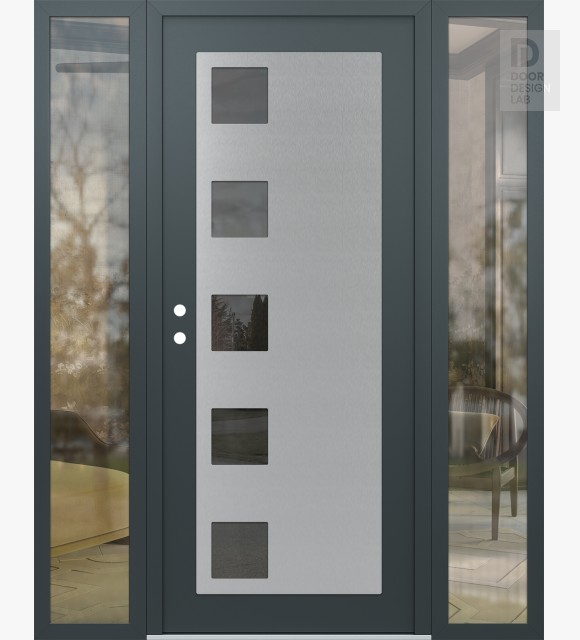 Modern Steel Front Door Diamond C5 64" x 80" anthracite/anthracite mirrored Glass Panel stainless steel RHI with 2 Sidelites clear Glass