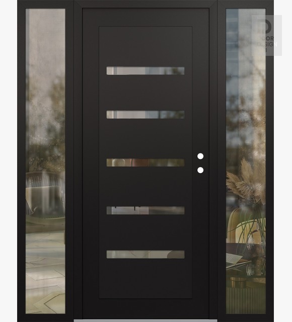 Modern Steel Front Door Diamond C7 64" x 80" black/black clear Glass Panel black LHI with 2 Sidelites clear Glass