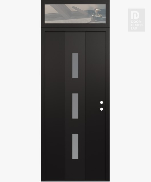 Modern Steel Front Door DIAMOND A7 36" X 96" BLACK/WHITE FROSTED GLASS PANEL BLACK LHI WITH TRANSOM CLEAR GLASS