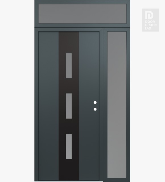 Modern Steel Front Door DIAMOND A7 48" X 96" ANTHRACITE/ANTHRACITE FROSTED GLASS PANEL BLACK LHI WITH SIDELITE AND TRANSOM FROSTED GLASS