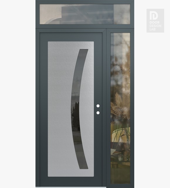 Modern Steel Front Door Diamond C4 48" x 96" anthracite/anthracite mirrored Glass Panel stainless steel LHI with Sidelite and Transom clear Glass