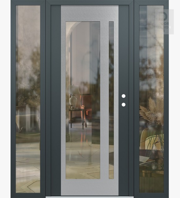 Modern Steel Front Door Diamond C15 68" x 80" anthracite/anthracite clear Glass Panel stainless steel LHI with 2 Sidelites clear Glass