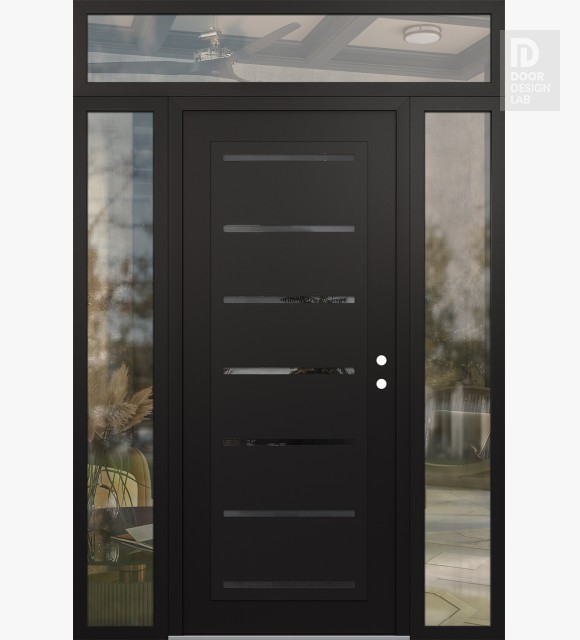 Modern Steel Front Door Diamond C11 60" x 96" black/black mirrored Glass Panel black LHI with 2 Sidelites and Transom clear Glass
