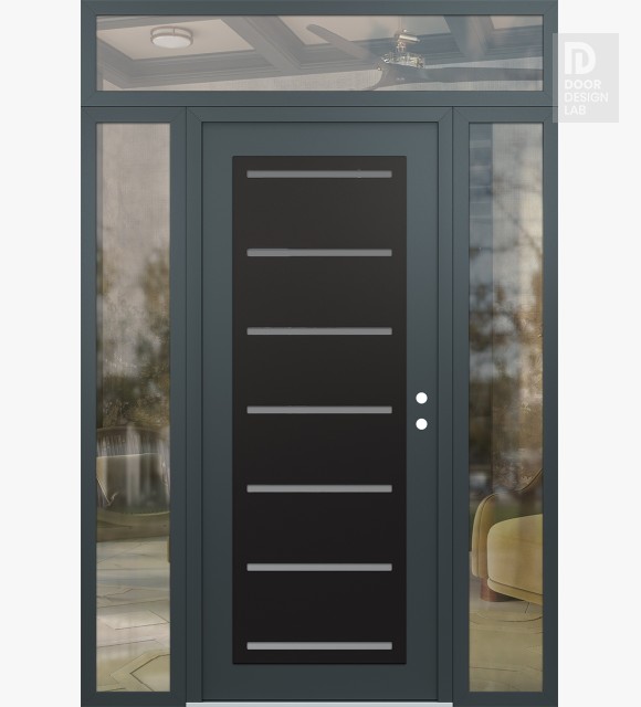 Modern Steel Front Door Diamond C11 64" x 96" anthracite/anthracite frosted Glass Panel black LHI with 2 Sidelites and Transom clear Glass