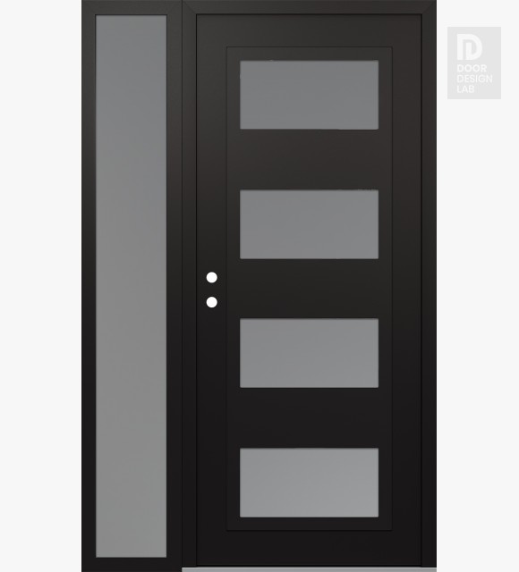 Modern Steel Front Door Diamond C2 48" x 80" black/white frosted Glass Panel black RHI with Sidelite frosted Glass