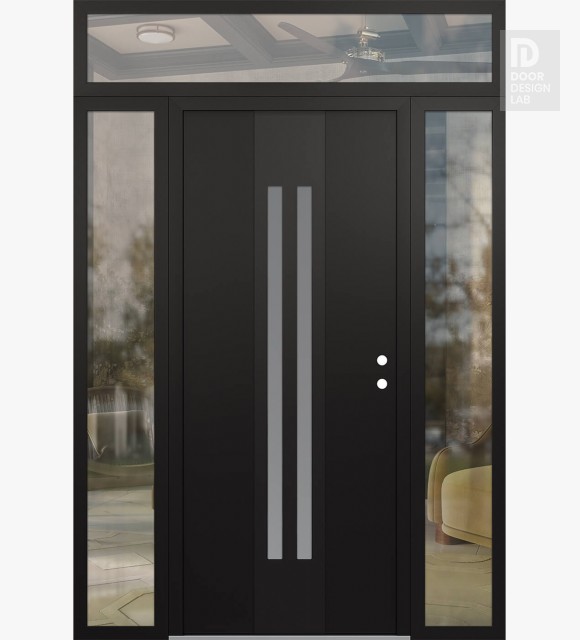 Modern Steel Front Door DIAMOND A8 60" X 96" BLACK/WHITE FROSTED GLASS PANEL BLACK LHI WITH 2 SIDELITES AND TRANSOM CLEAR GLASS