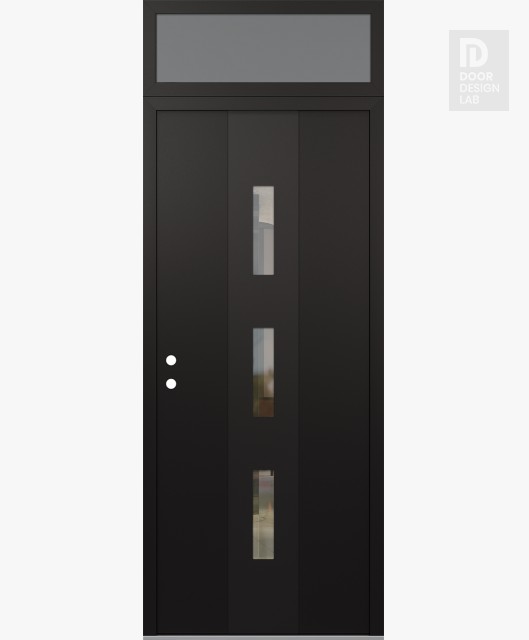 Modern Steel Front Door DIAMOND A7 36" X 96" BLACK/BLACK CLEAR GLASS PANEL BLACK RHI WITH TRANSOM FROSTED GLASS