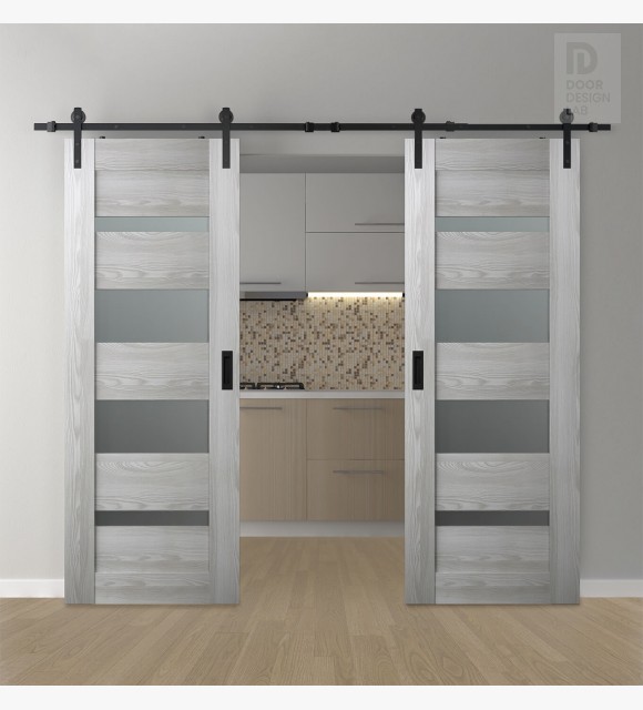 DOUBLE BARN DOOR AVON 07-01 VETRO RIBEIRA ASH 36" X 84" X 1 3/4" BLACK HARDWARE