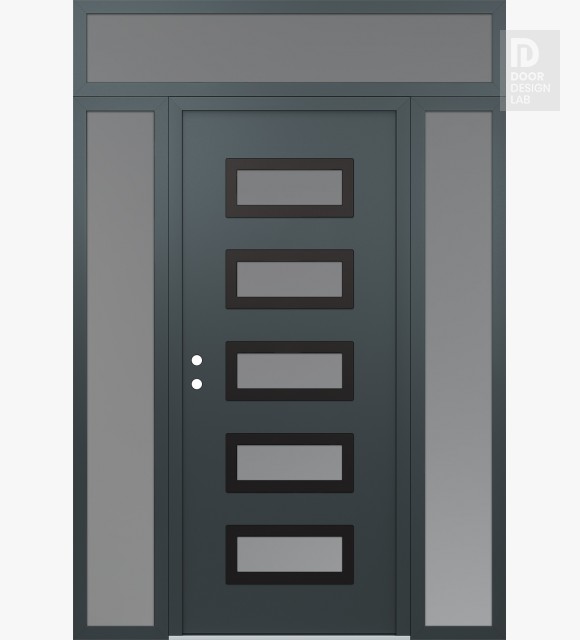 Modern Steel Front Door Diamond D1 64" x 96" anthracite/anthracite frosted Glass Panel black RHI with 2 Sidelites and Transom frosted Glass
