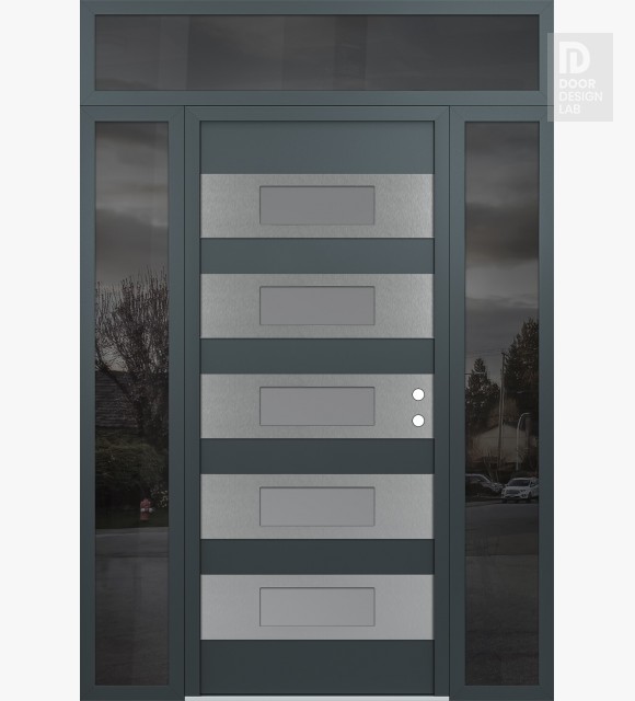 Modern Steel Front Door Diamond D5 64" x 96" anthracite/anthracite frosted Glass Panel stainless steel LHI with 2 Sidelites and Transom mirrored Glass