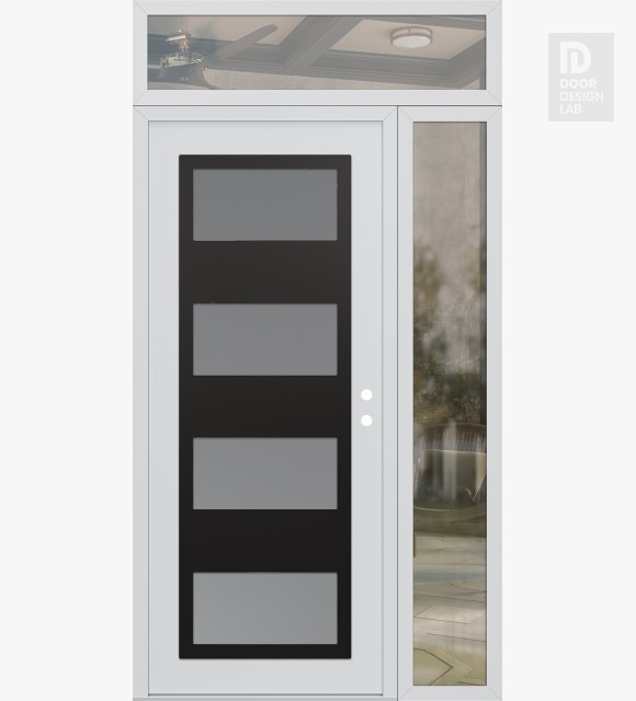 Modern Steel Front Door Diamond C2 52" x 96" white/white frosted Glass Panel black LHI with Sidelite and Transom clear Glass