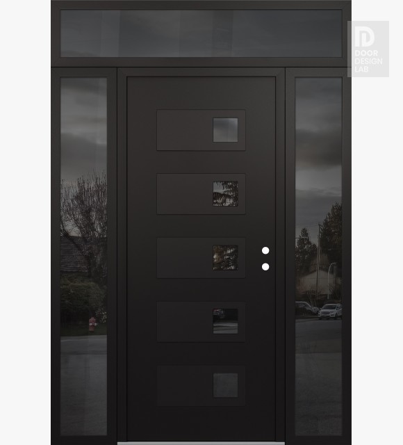 Modern Steel Front Door Diamond D2 60" x 96" black/black mirrored Glass Panel black LHI with 2 Sidelites and Transom mirrored Glass